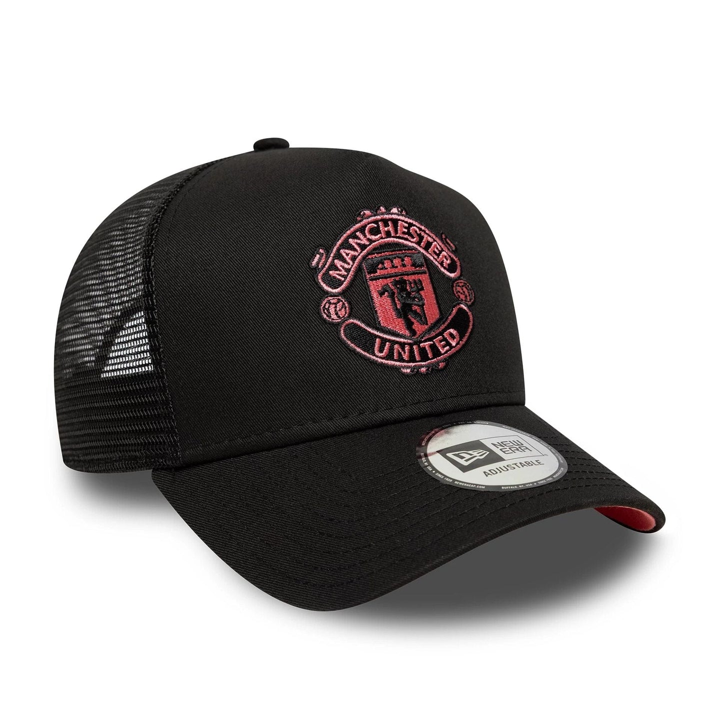 This is a Manchester United FC Seasonal Black 9FORTY E-Frame Trucker Adjustable Cap 4