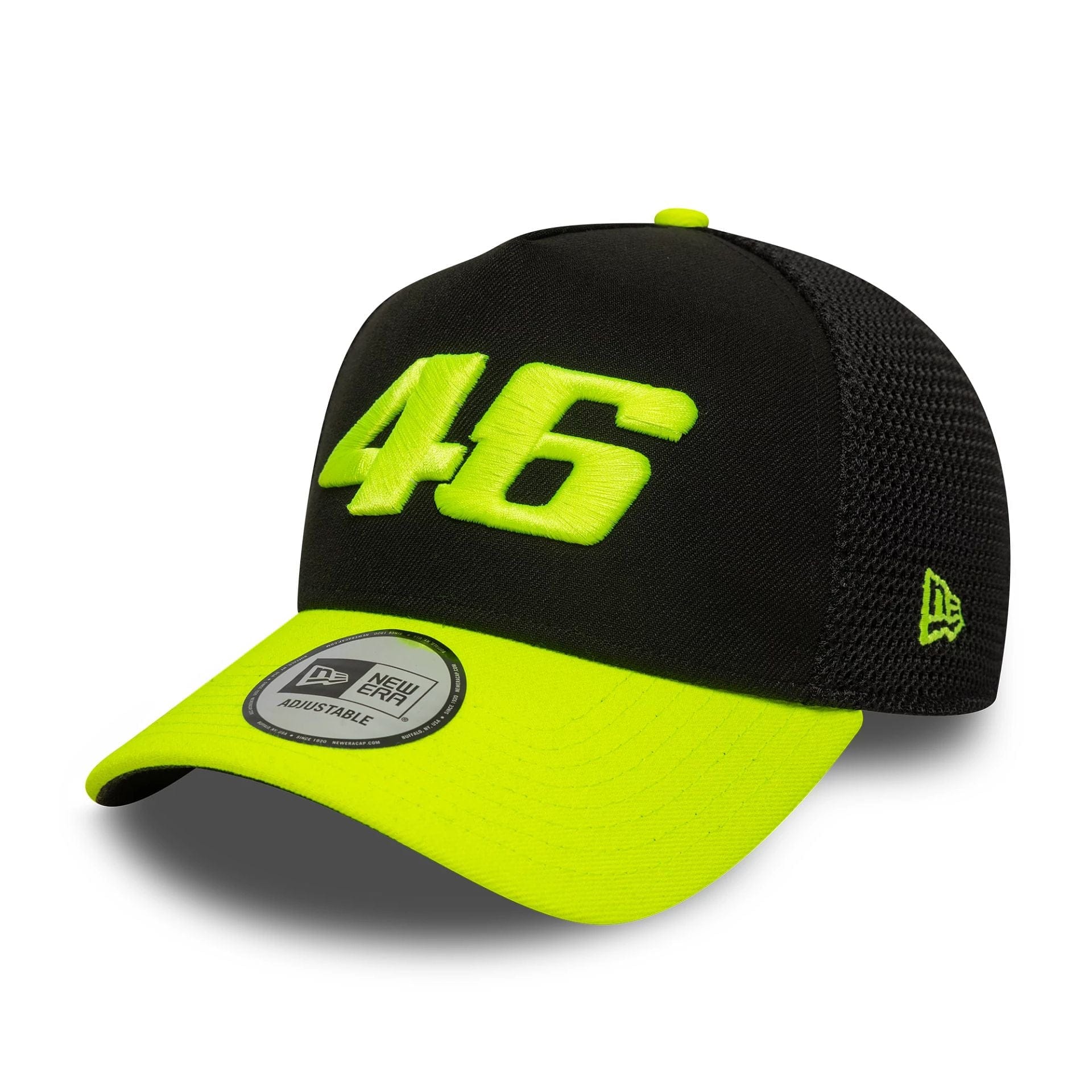 This is a VR46 Vale Black 9FORTY E-Frame Trucker Adjustable Cap 1