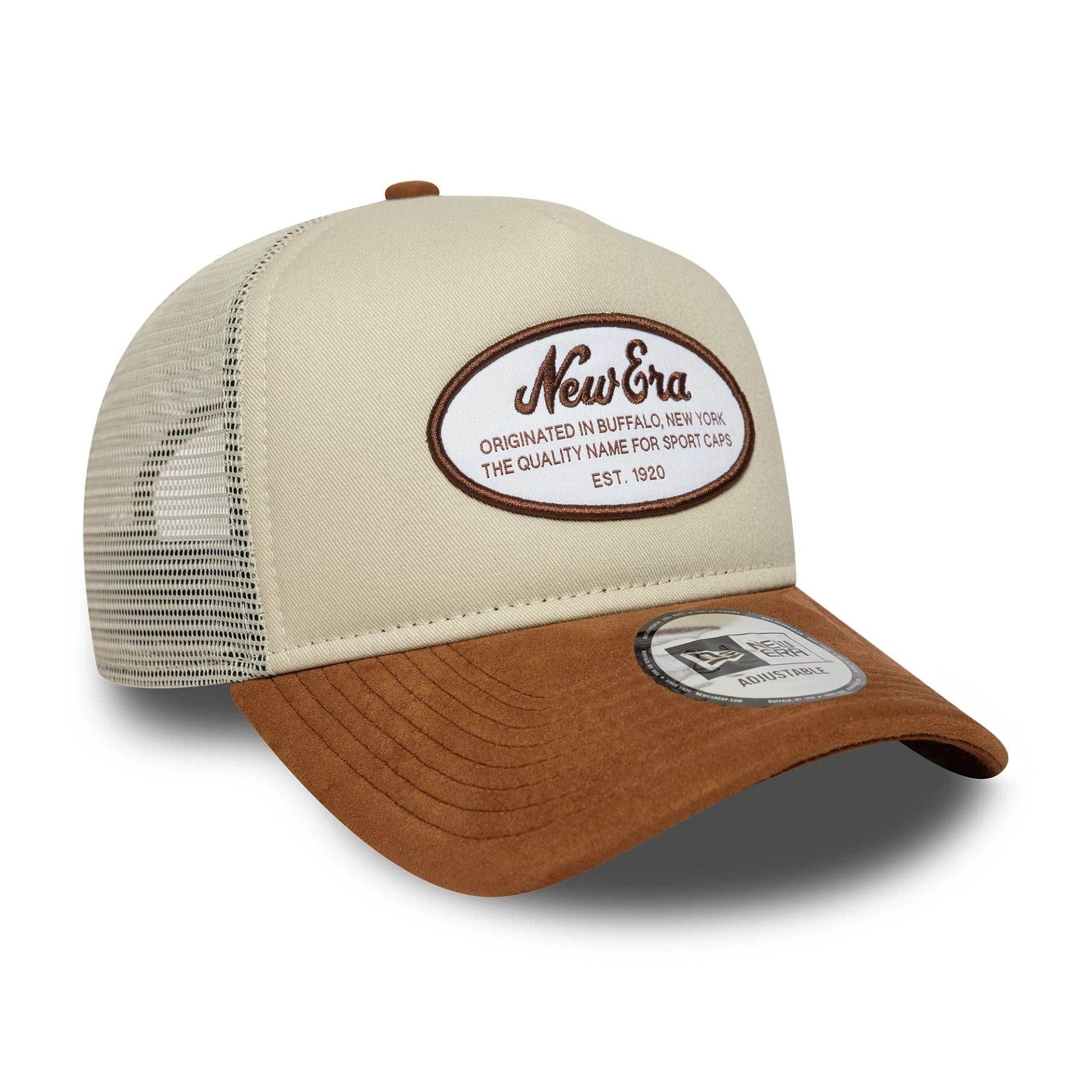 This is a New Era Oval Patch Suede Cream 9FORTY E-Frame Trucker Adjustable Cap 3