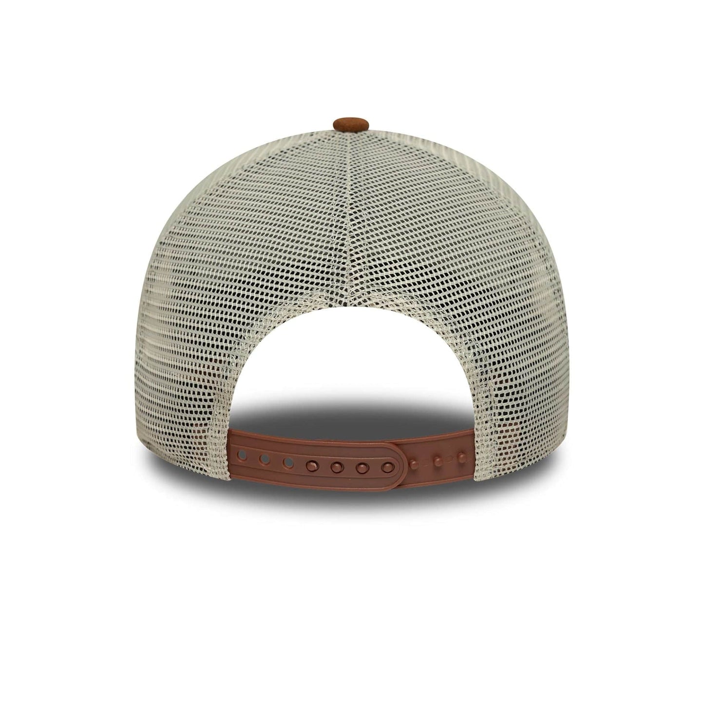 This is a New Era Oval Patch Suede Cream 9FORTY E-Frame Trucker Adjustable Cap 4
