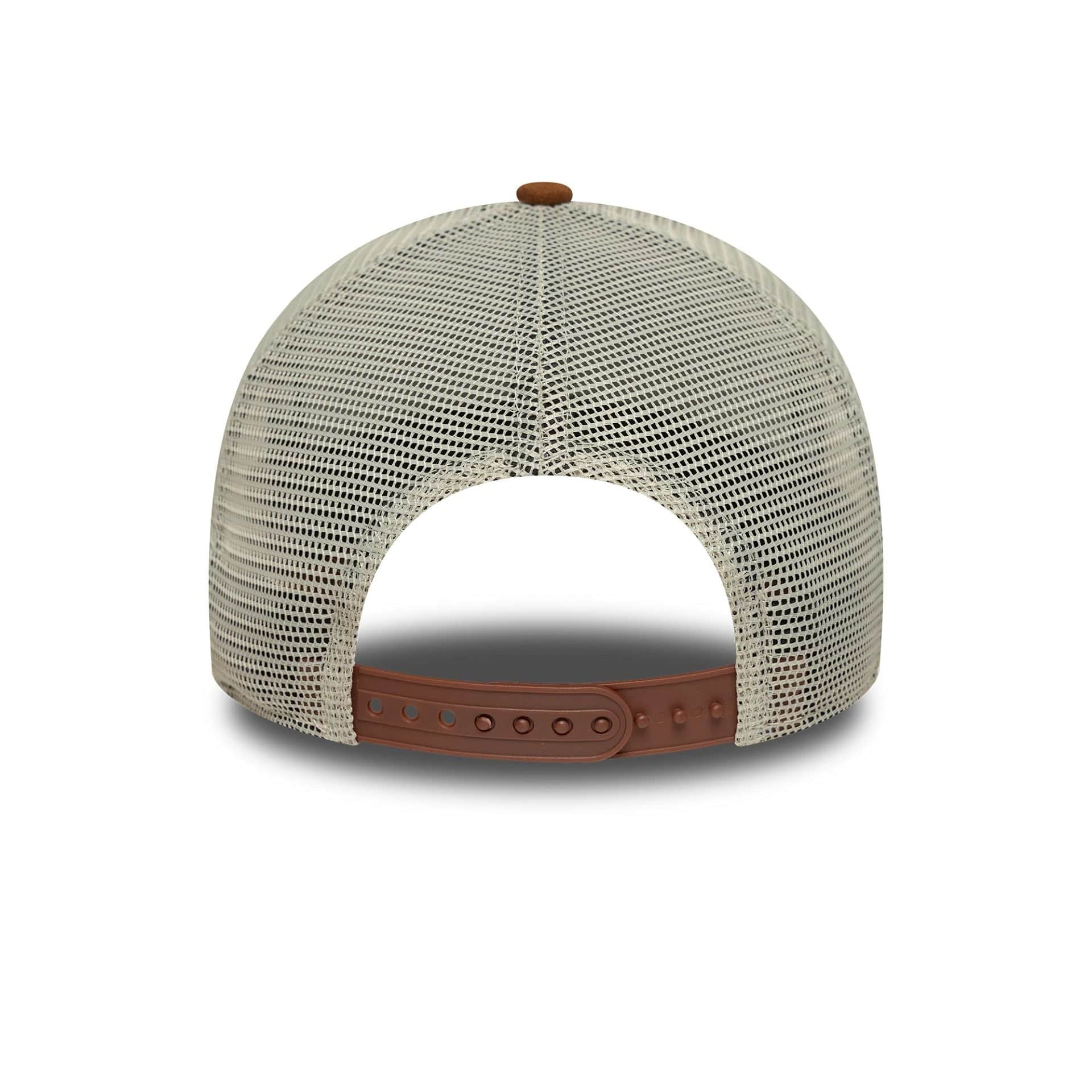 This is a New Era Oval Patch Suede Cream 9FORTY E-Frame Trucker Adjustable Cap 4