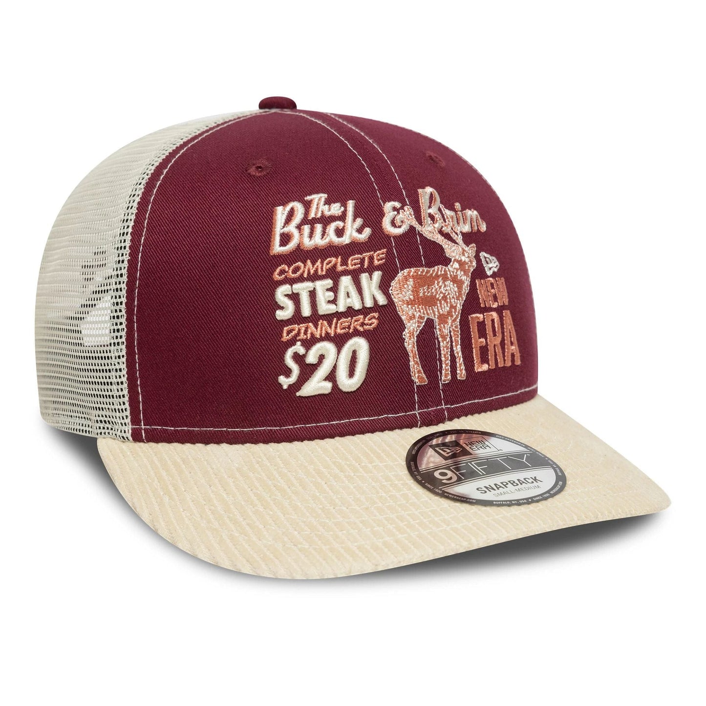 This is a New Era Cord Visor Dark Red 9FIFTY Trucker Snapback Adjustable Cap 3