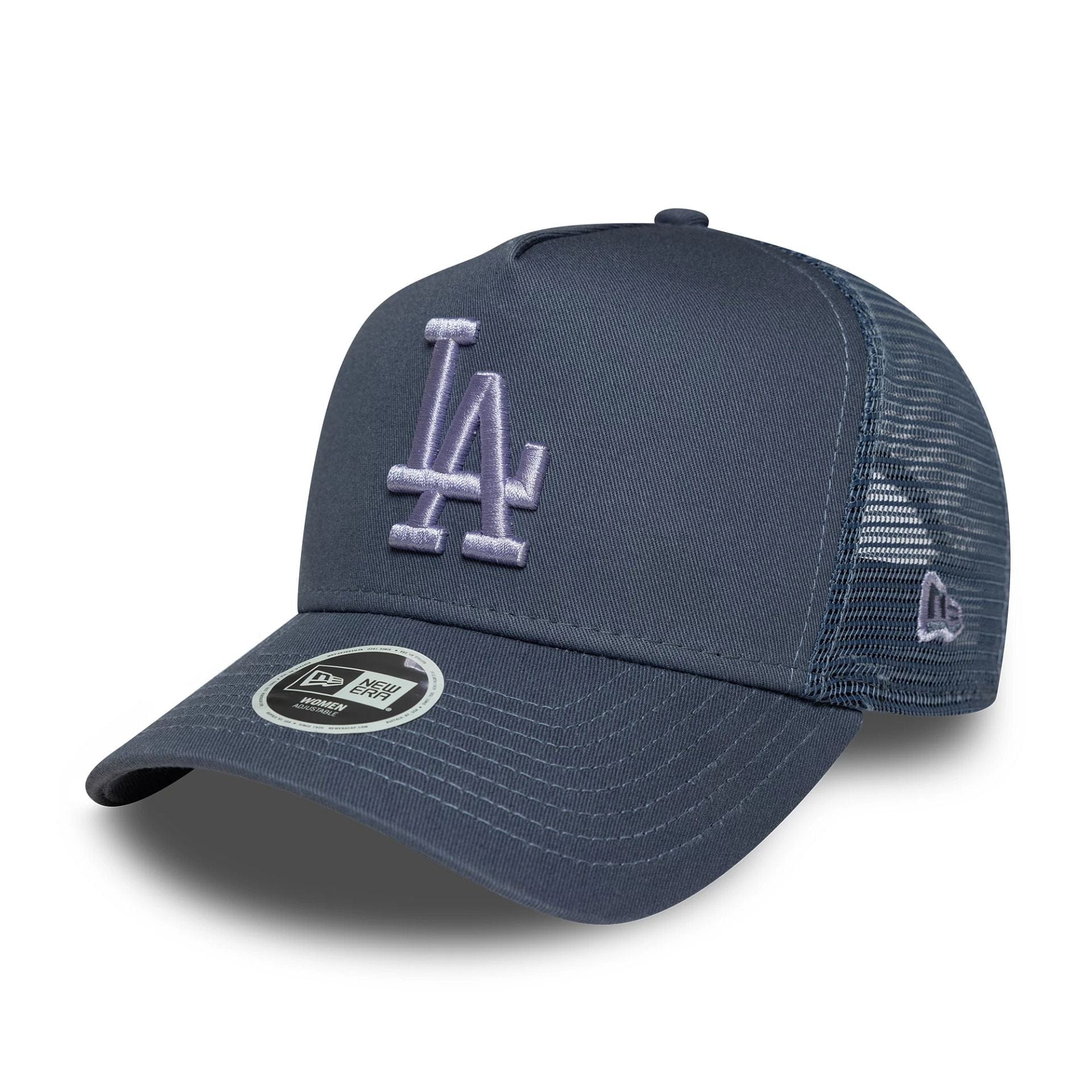This is a LA Dodgers Womens MLB League Essential Dark Blue 9FORTY A-Frame Trucker Adjustable Cap 1