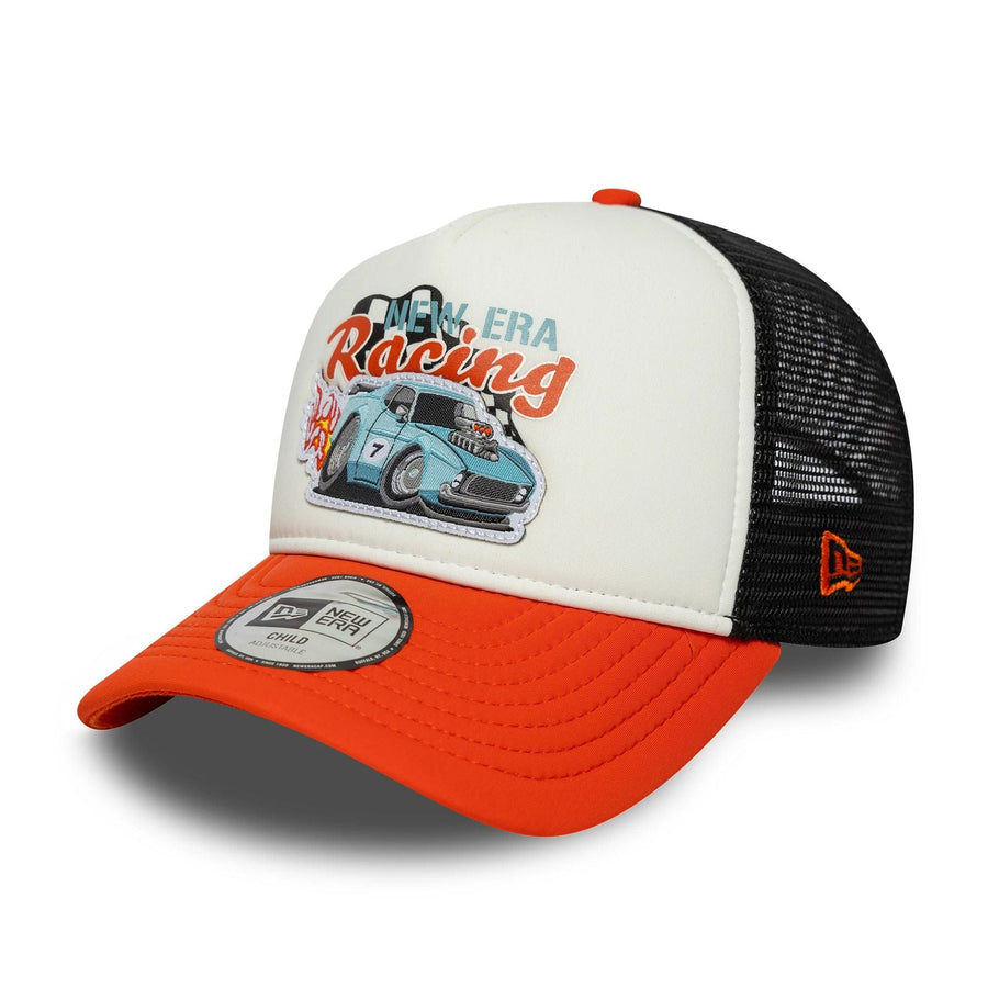 This is a Child New Era Race Orange 9FORTY A-Frame Trucker Adjustable Cap 1
