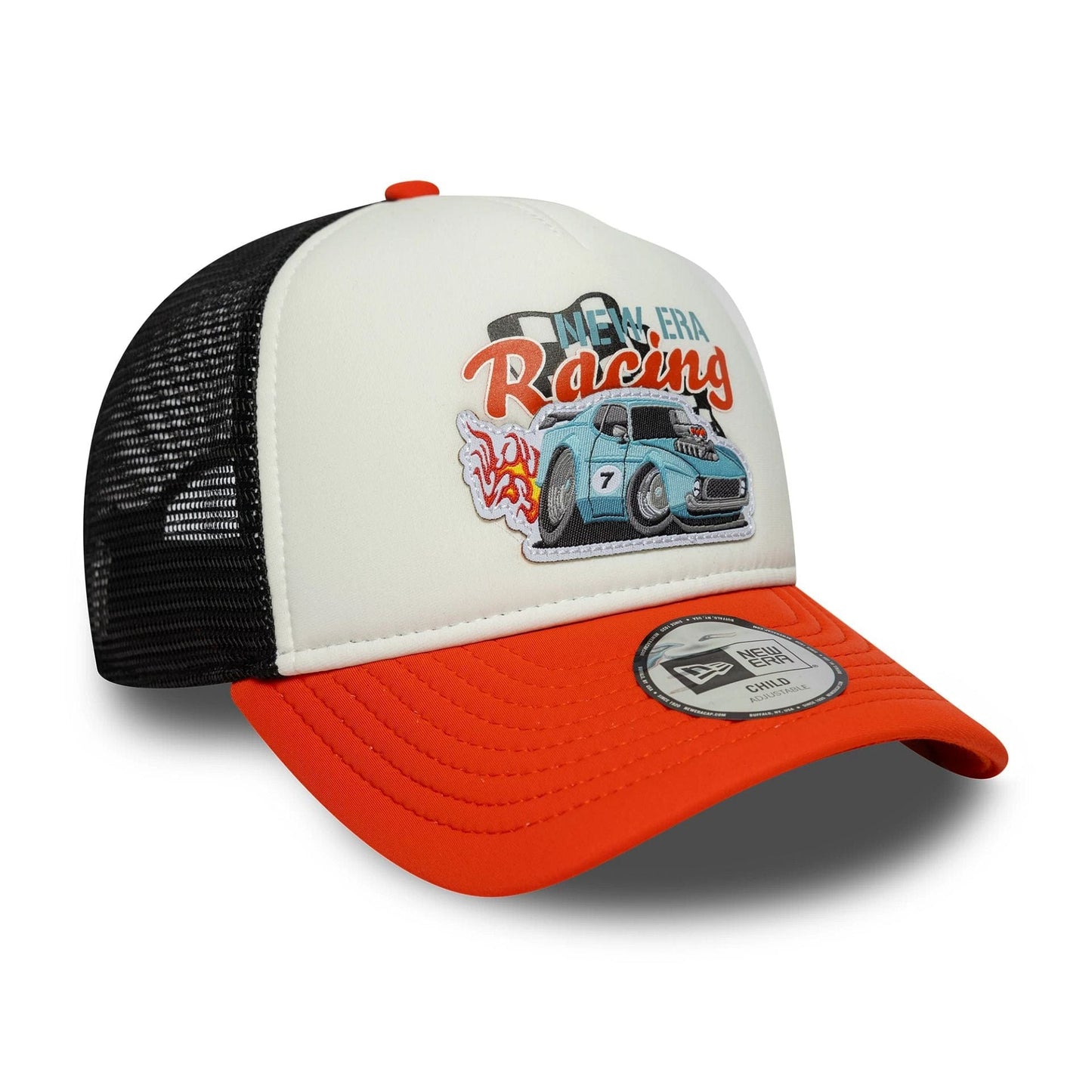 This is a Child New Era Race Orange 9FORTY A-Frame Trucker Adjustable Cap 3