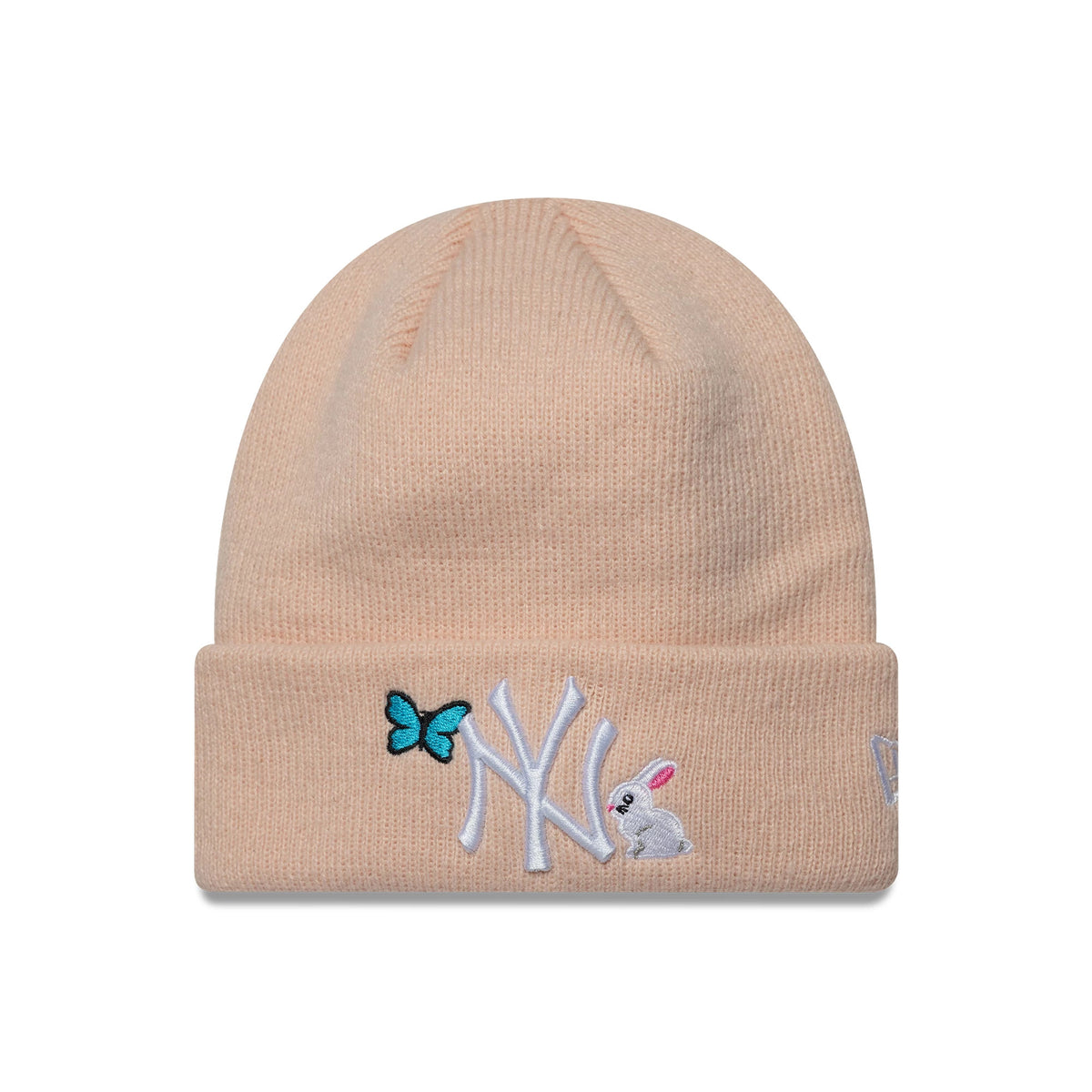 New Era New York Yankees Toddler MLB Icon Pastel Pink Cuff Knit Beanie Hat, front view with a white embroidered NY logo on the turned-up cuff, accented by a turquoise butterfly and a grey rabbit, with the New Era flag logo on the left side.