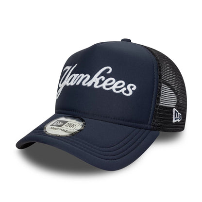 This is a New York Yankees MLB Script Navy 9FORTY A-Frame Trucker Adjustable Cap 1