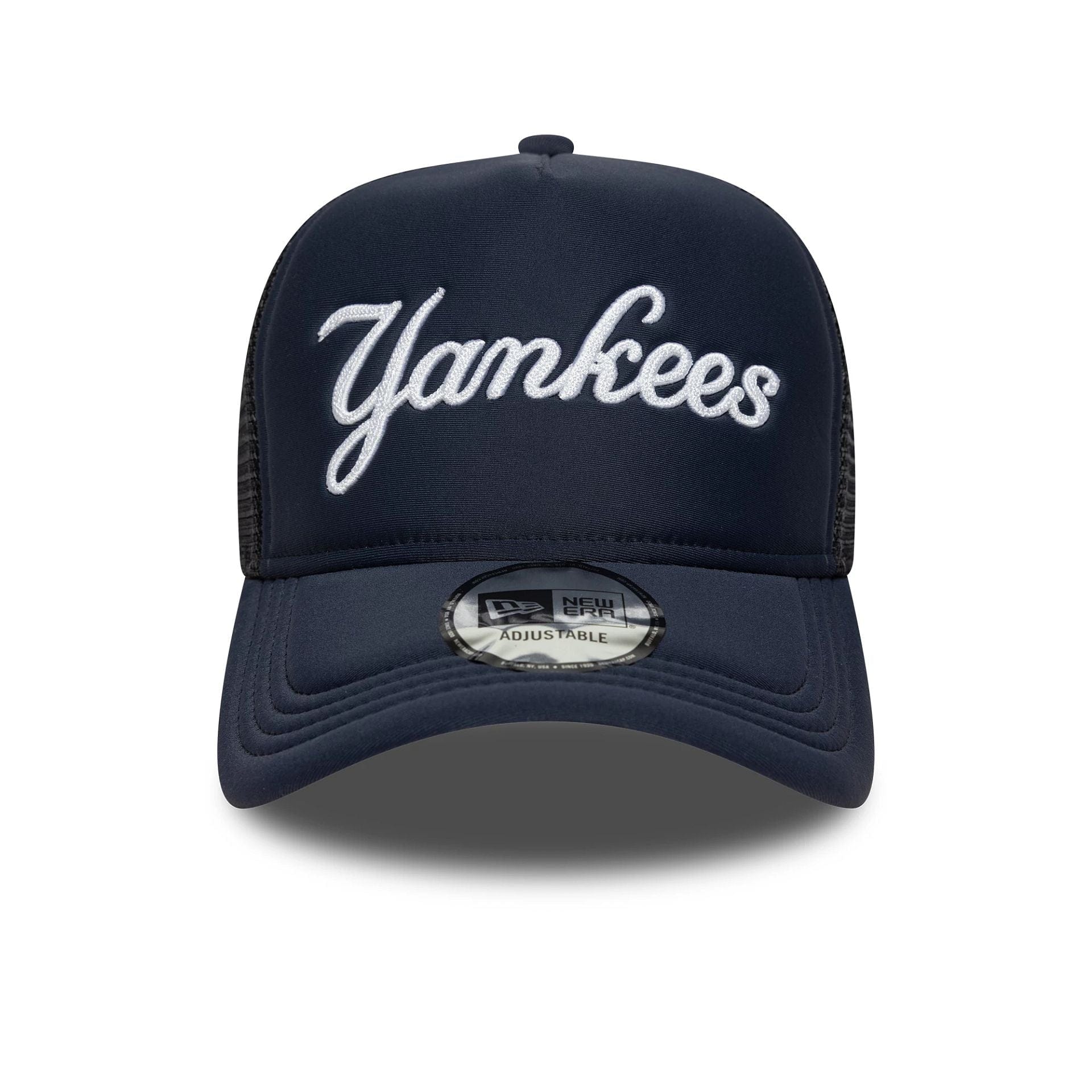 This is a New York Yankees MLB Script Navy 9FORTY A-Frame Trucker Adjustable Cap 2