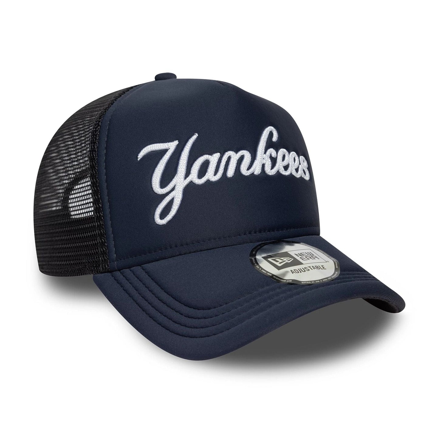 This is a New York Yankees MLB Script Navy 9FORTY A-Frame Trucker Adjustable Cap 3