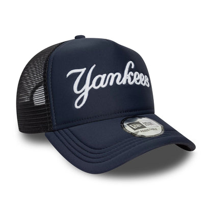 This is a New York Yankees MLB Script Navy 9FORTY A-Frame Trucker Adjustable Cap 3