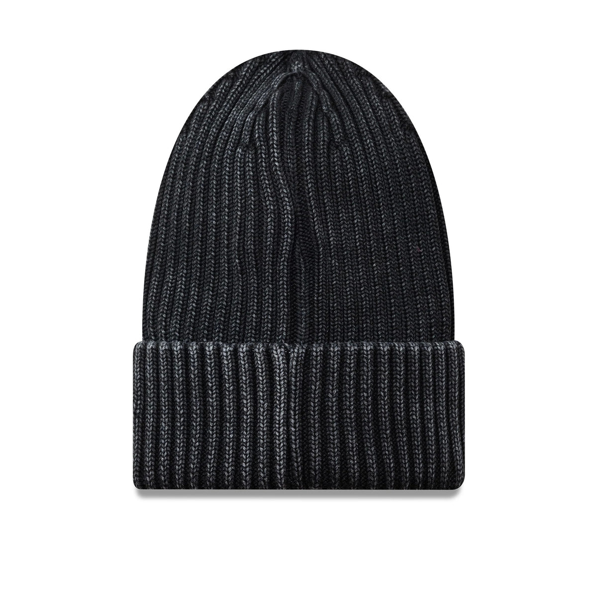 New Era New York Yankees MLB Washed Black Cuff Knit Beanie Hat, front view showing the ribbed knit texture of the washed black fabric, with a turned-up cuff design for added warmth and style.