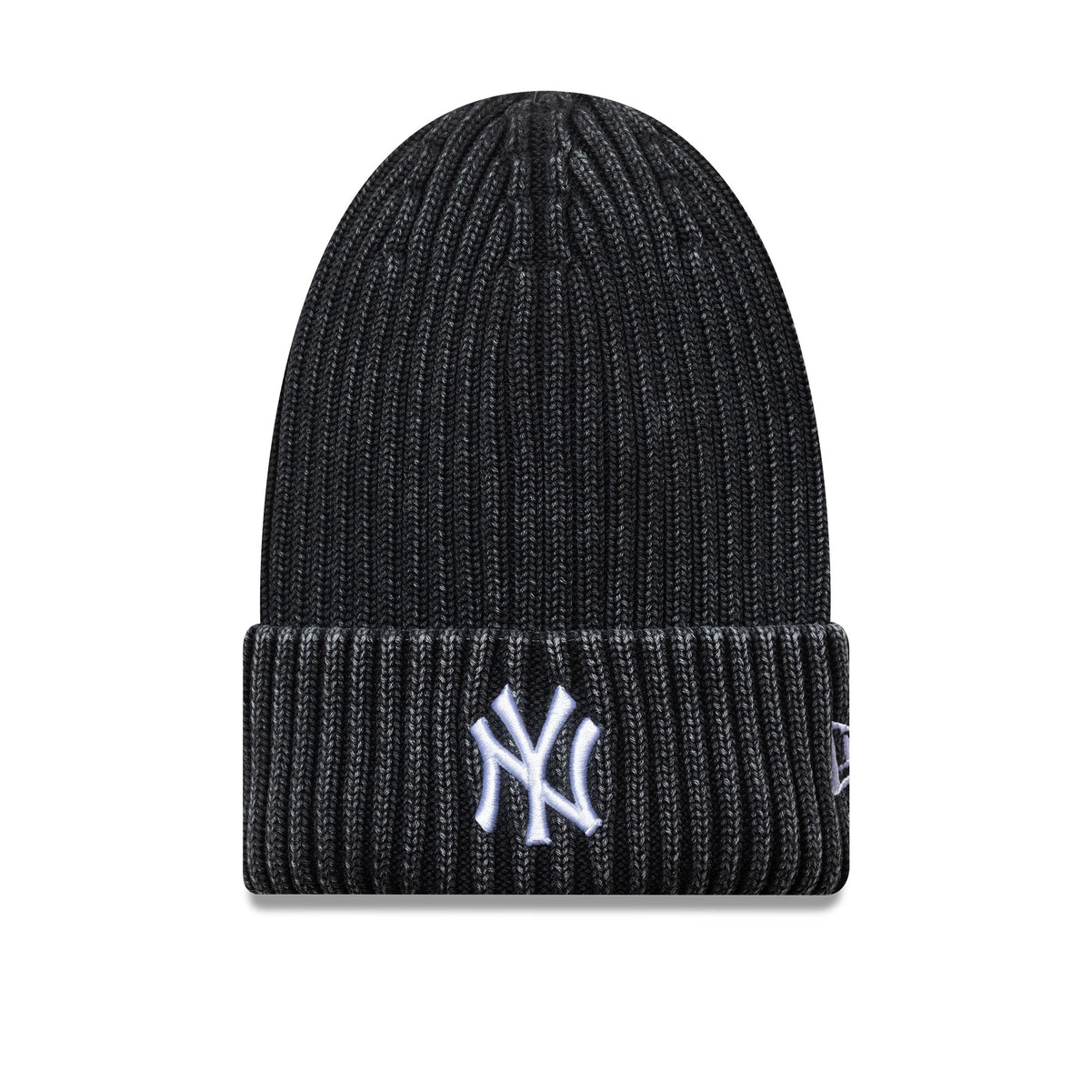 New Era New York Yankees MLB Washed Black Cuff Knit Beanie Hat, front view showing white embroidered NY logo on the cuff and New Era flag logo on the left side of the ribbed black knit design.