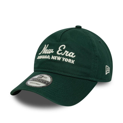 This is a New Era Script Dark Green 9TWENTY A-Frame Adjustable Cap 1