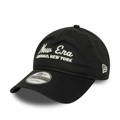 This is a New Era Script Black 9TWENTY A-Frame Adjustable Cap 1