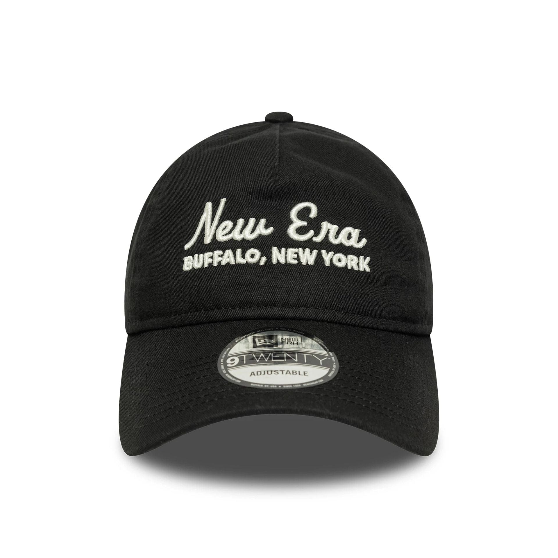 This is a New Era Script Black 9TWENTY A-Frame Adjustable Cap 2