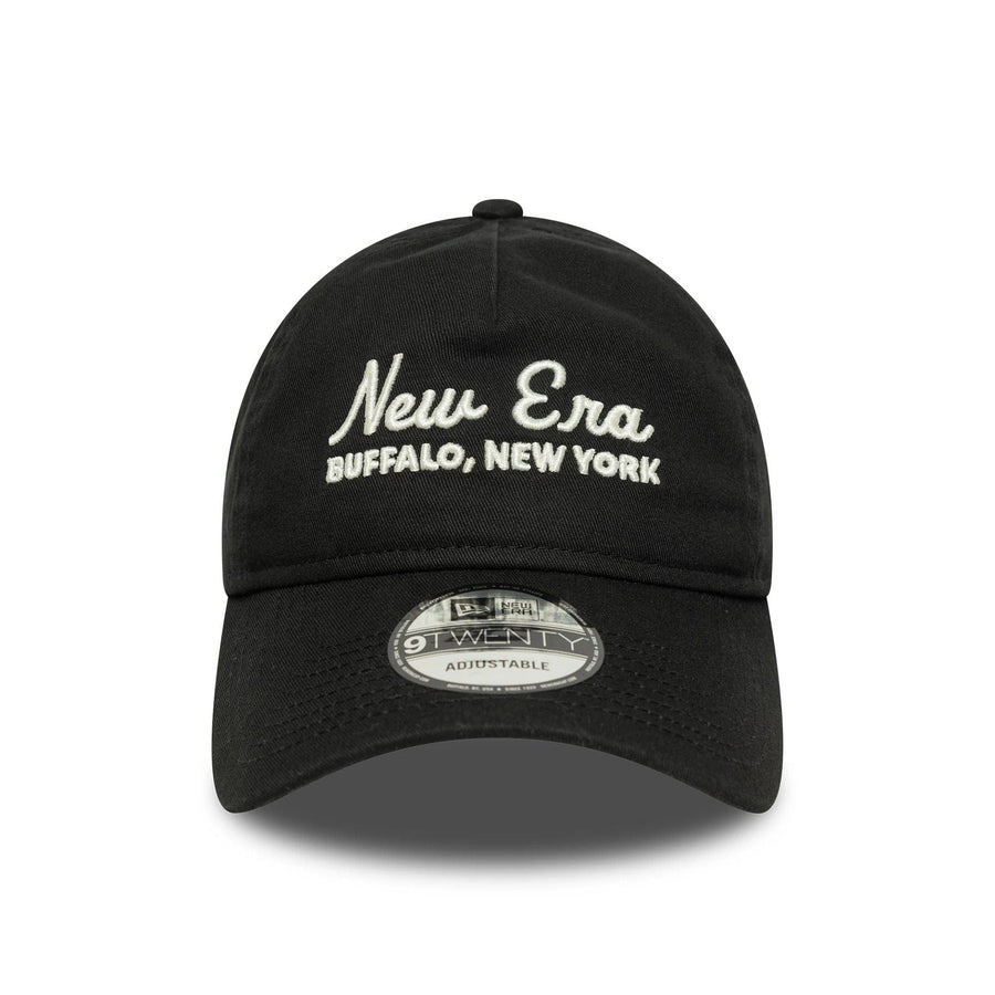 This is a New Era Script Black 9TWENTY A-Frame Adjustable Cap 2