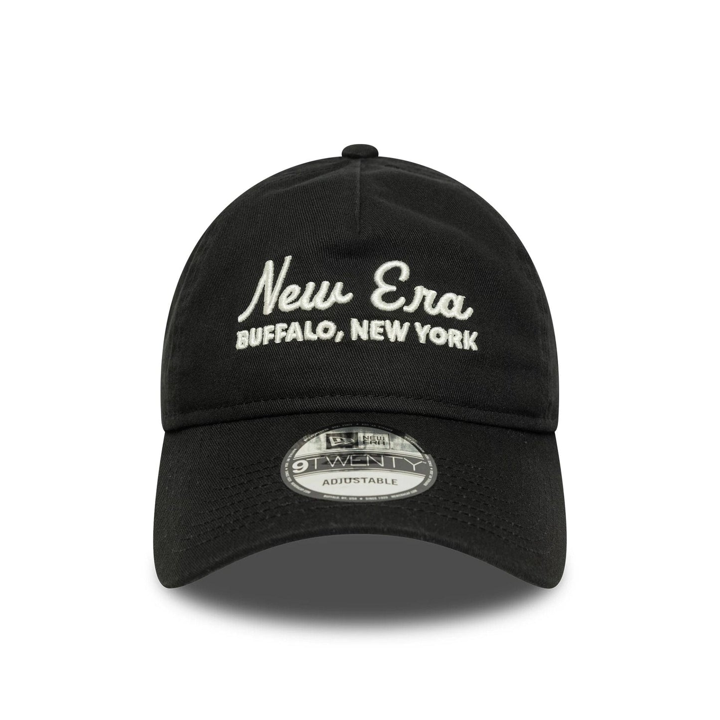 This is a New Era Script Black 9TWENTY A-Frame Adjustable Cap 2