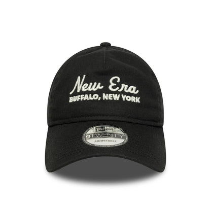 This is a New Era Script Black 9TWENTY A-Frame Adjustable Cap 2