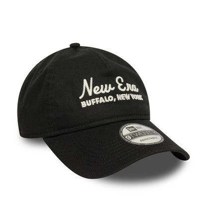 This is a New Era Script Black 9TWENTY A-Frame Adjustable Cap 3