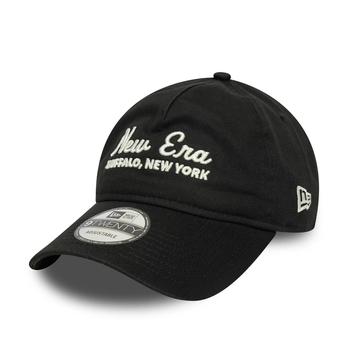 This is a New Era Script Black 9TWENTY A-Frame Adjustable Cap 1