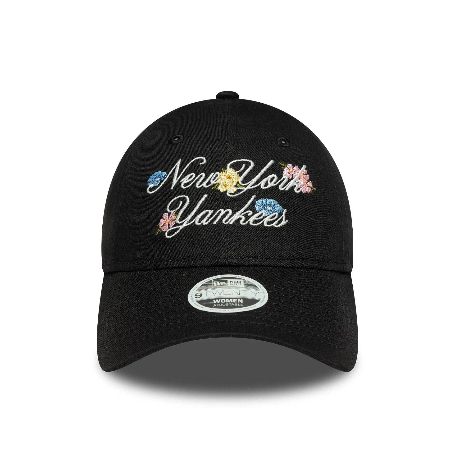 This is a New York Yankees Womens MLB Floral Script Black 9TWENTY Adjustable Cap 2