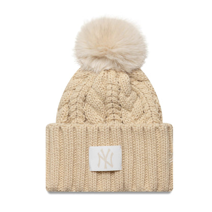 This is a New York Yankees MLB Light Beige Cable Knit Beanie Hat 1