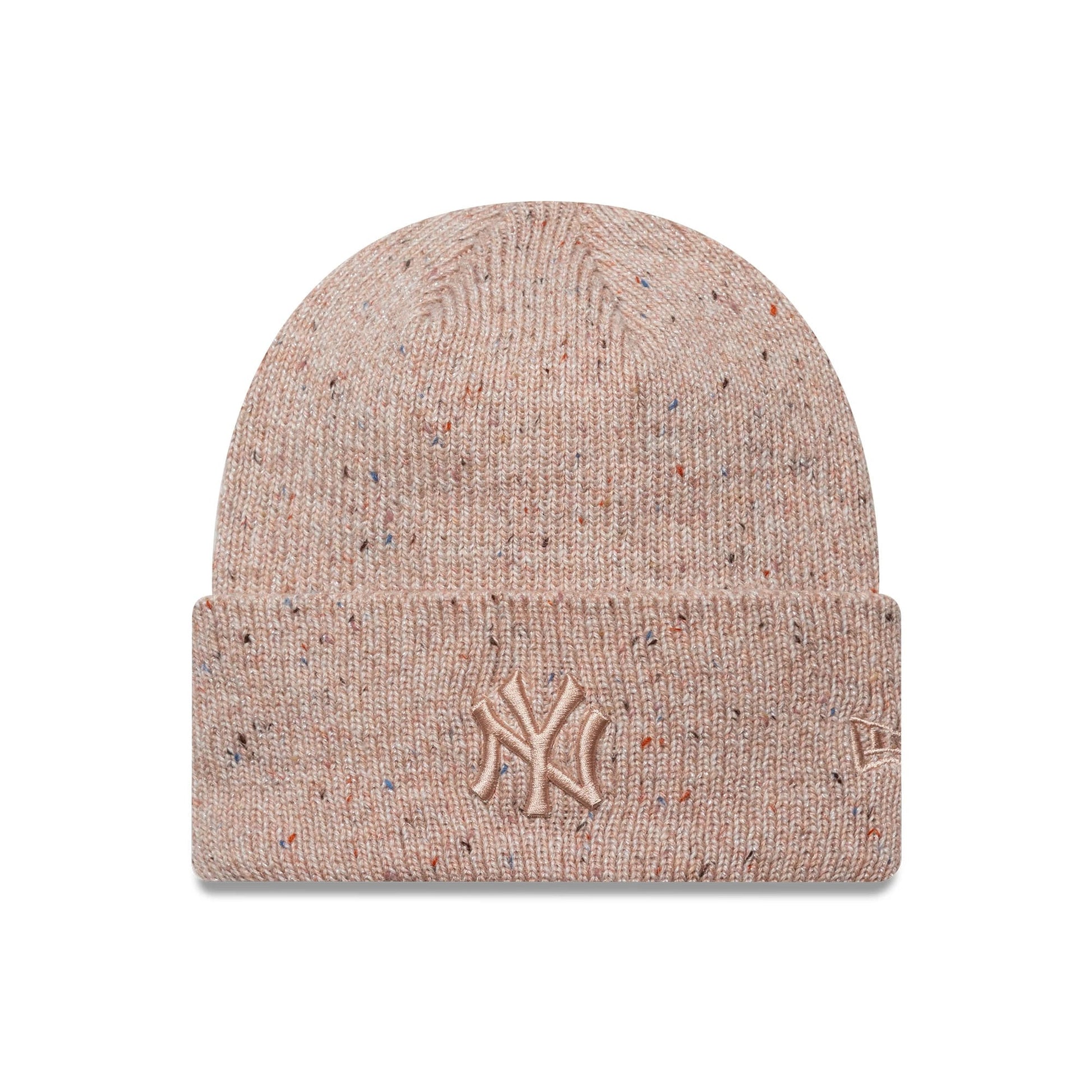 This is a New York Yankees Womens MLB Glitter Pastel Pink Cuff Knit Beanie Hat 1