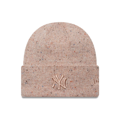 This is a New York Yankees Womens MLB Glitter Pastel Pink Cuff Knit Beanie Hat 1