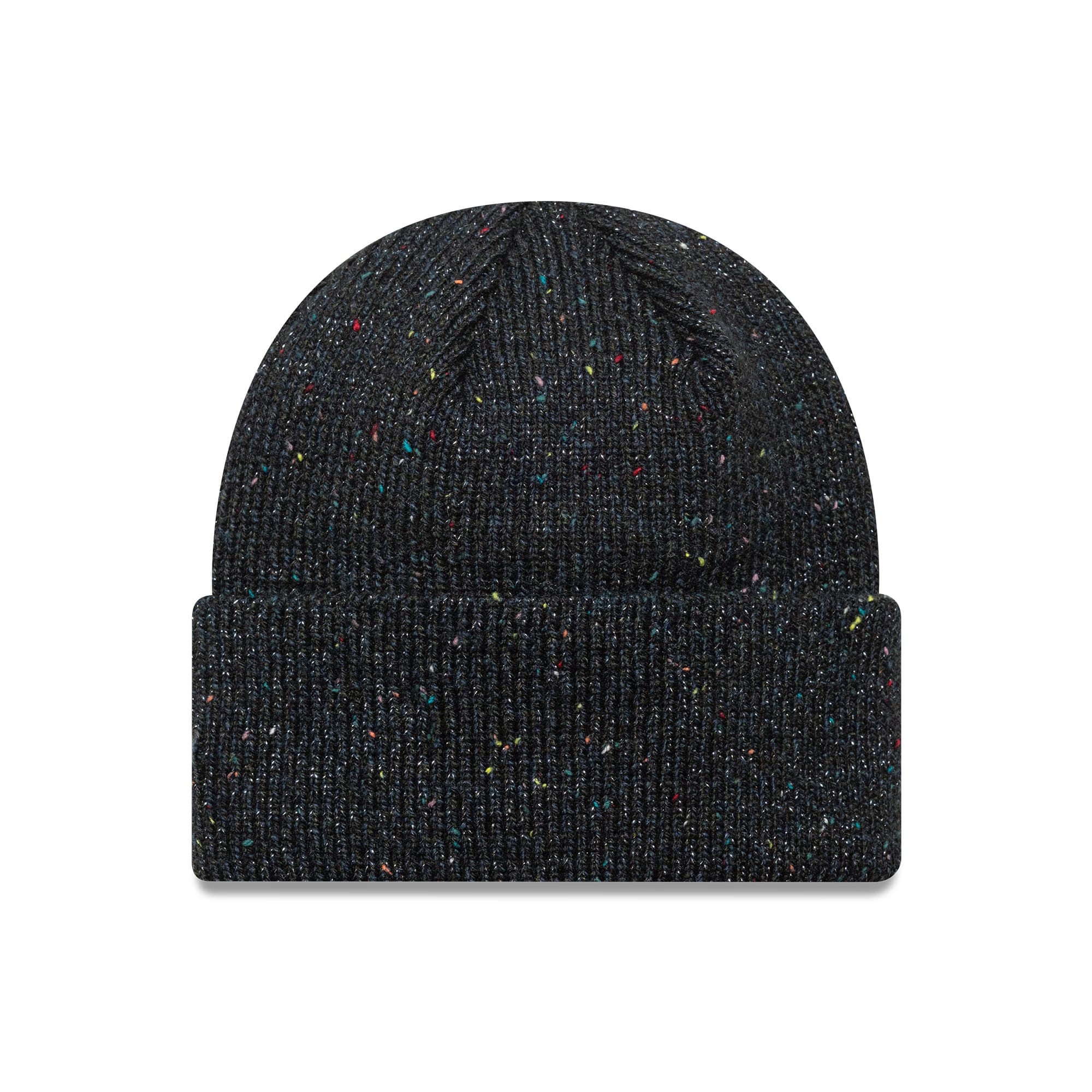New Era New York Yankees Womens MLB Glitter Black Cuff Knit Beanie Hat, front view showing the speckled glitter pattern on the ribbed cuff and crown, with a seamless knit design enhancing the classic beanie silhouette.