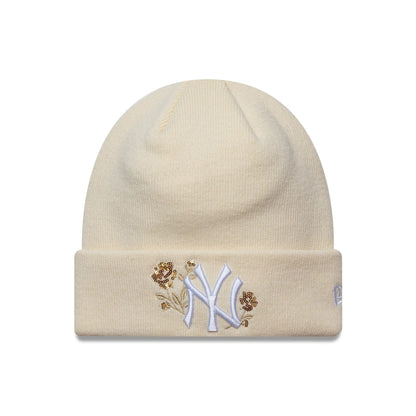 This is a New York Yankees MLB Sequin Rose Cream Cuff Knit Beanie Hat 1