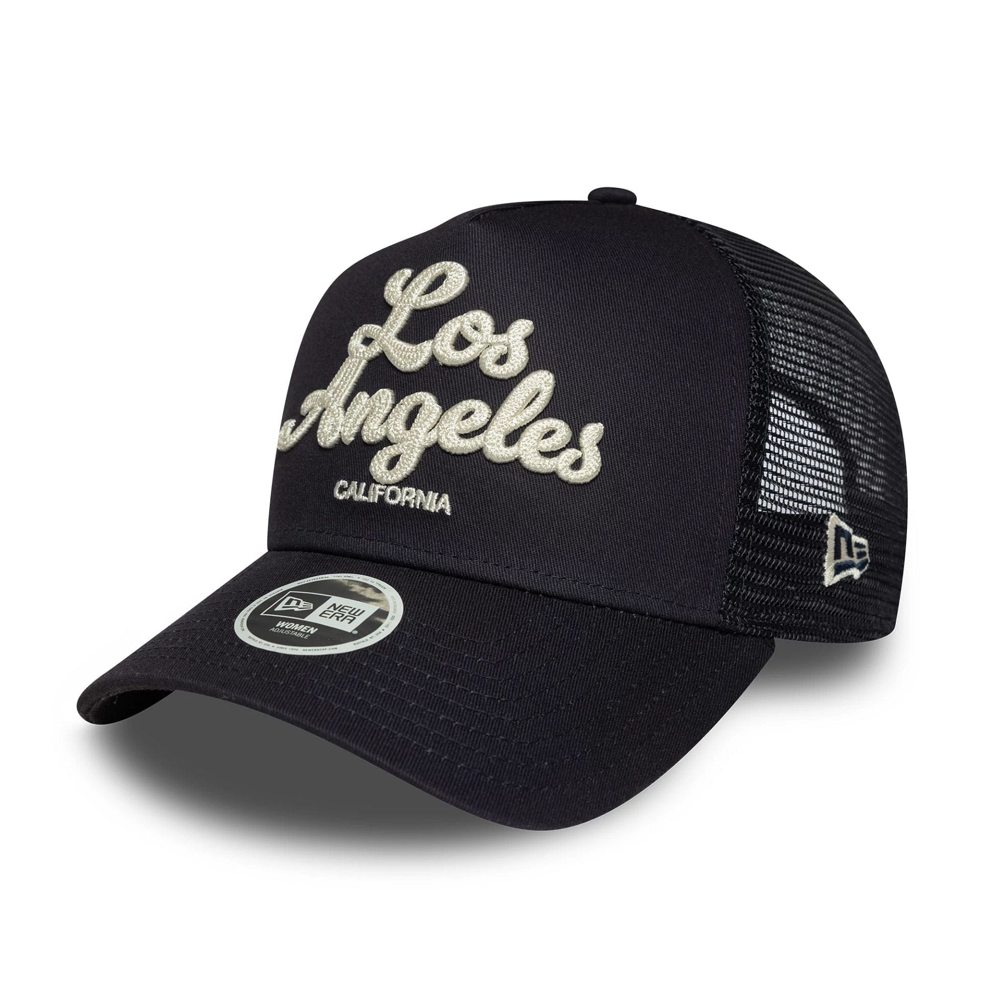 This is a Womens New Era City Navy 9FORTY E-Frame Trucker Adjustable Cap 1