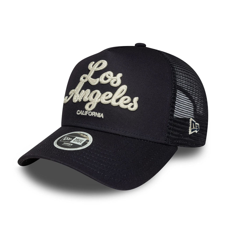 This is a Womens New Era City Navy 9FORTY E-Frame Trucker Adjustable Cap 1