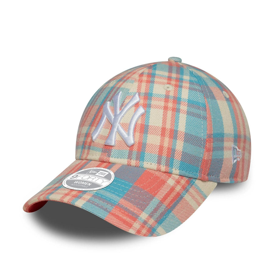 This is a New York Yankees Womens MLB Check Pastel Pink 9FORTY Adjustable Cap 1