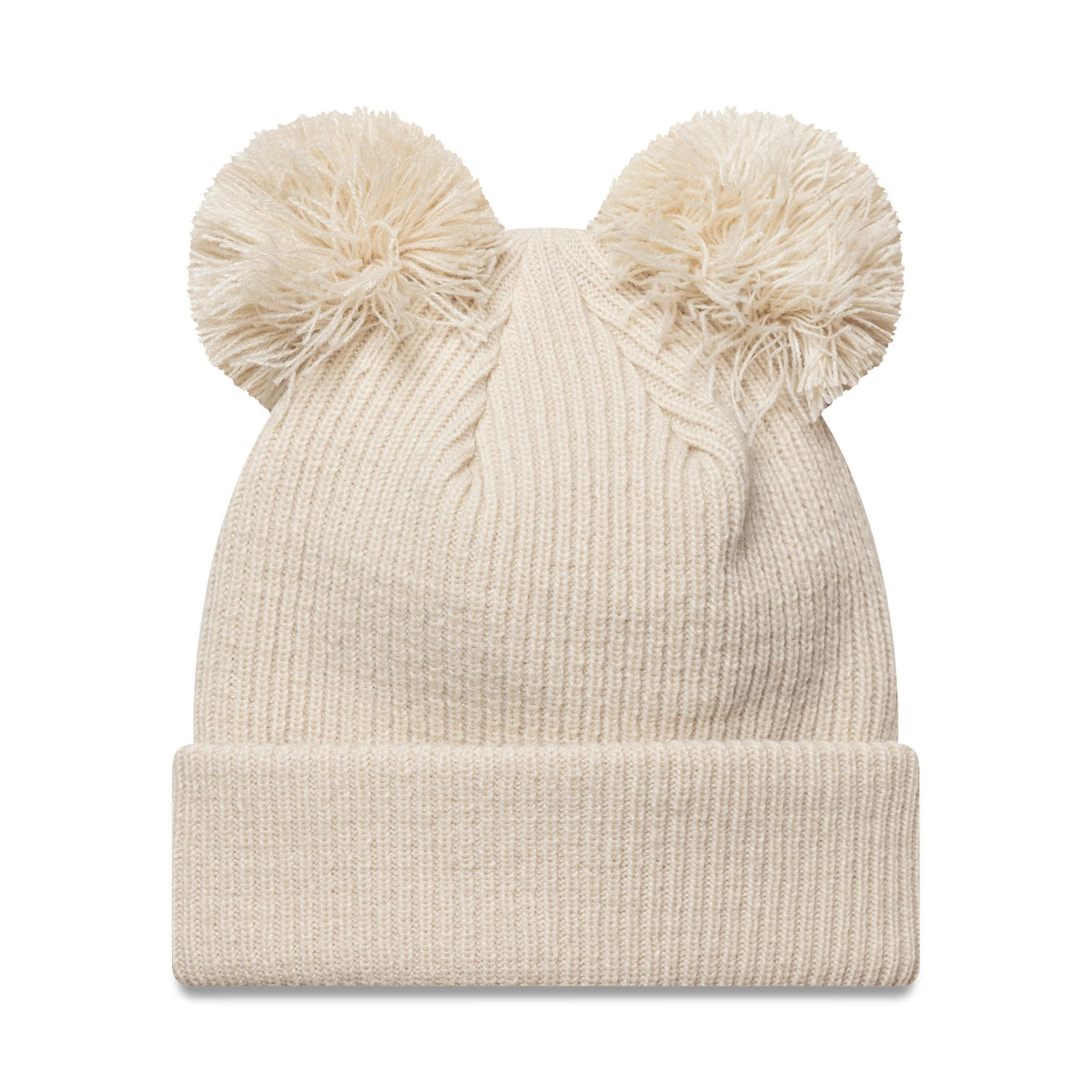 New Era New York Yankees Womens MLB Double Pom Light Beige Cuff Knit Beanie Hat, front view with two fluffy pom poms on top and ribbed cuff design, showcasing the soft beige knit texture throughout the beanie.