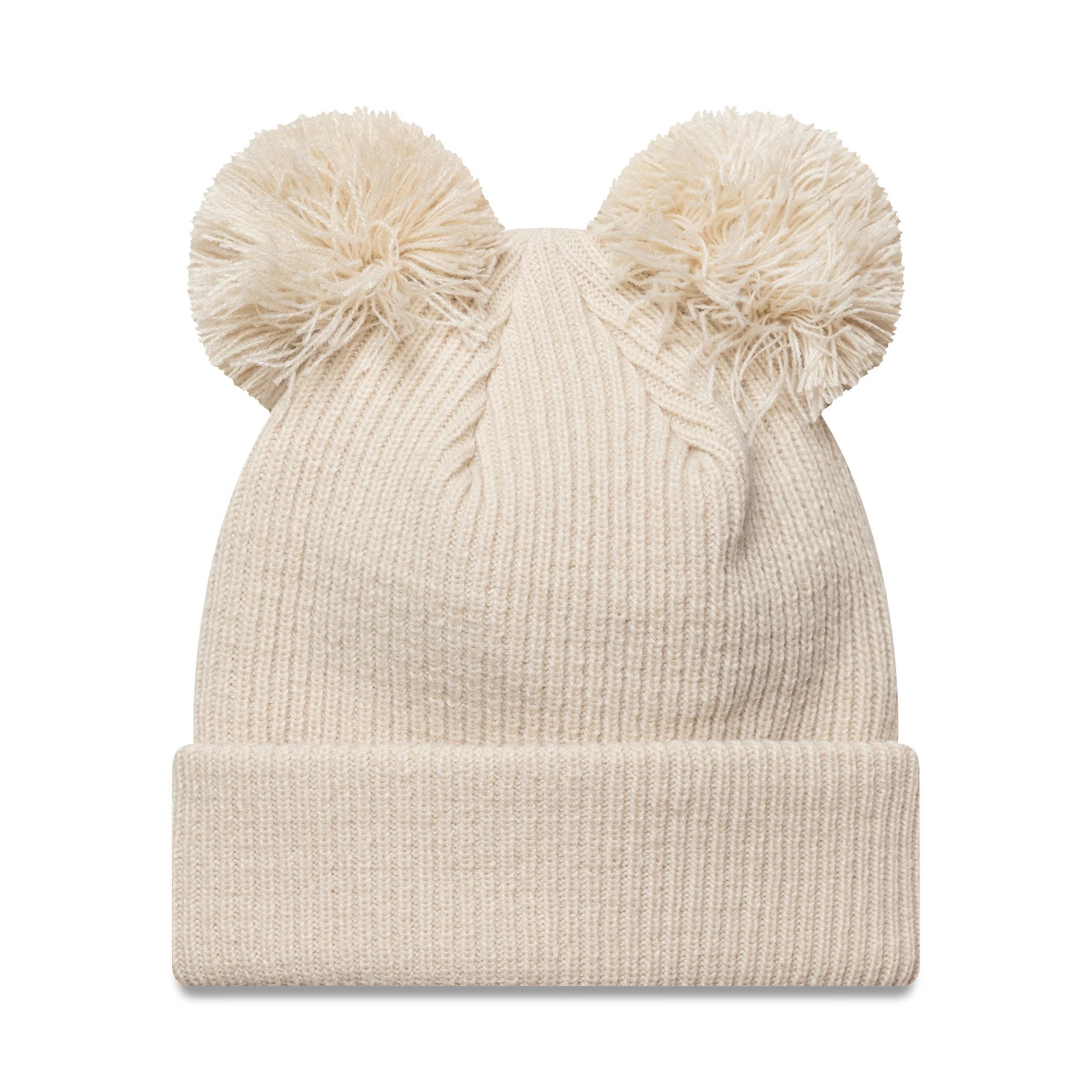 New Era New York Yankees Womens MLB Double Pom Light Beige Cuff Knit Beanie Hat, front view with two fluffy pom poms on top and ribbed cuff design, showcasing the soft beige knit texture throughout the beanie.