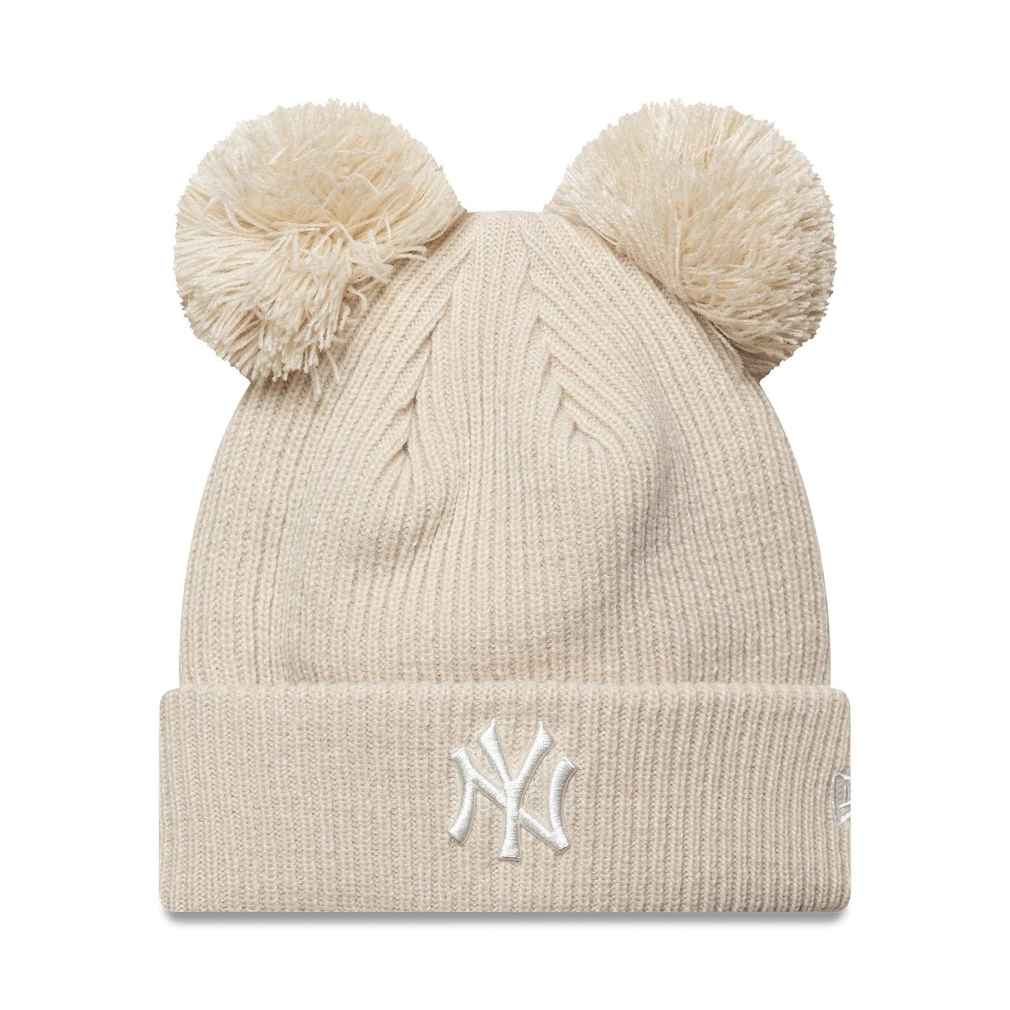 This is a New York Yankees Womens MLB Double Pom Light Beige Cuff Knit Beanie Hat 1