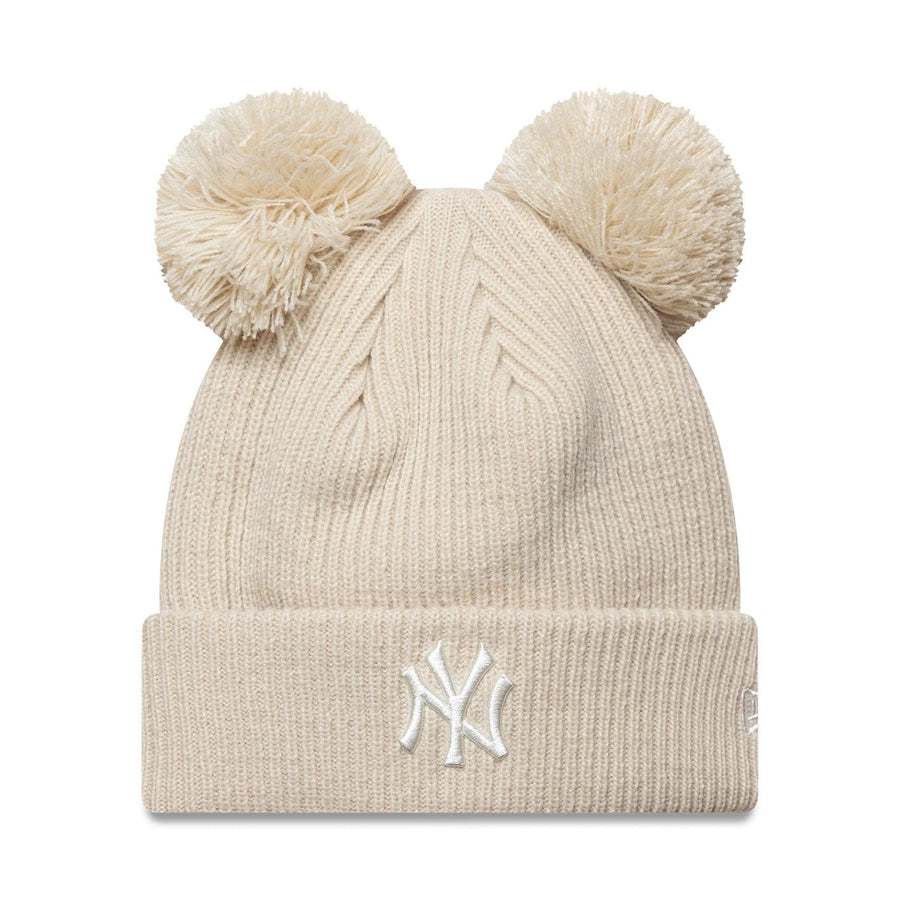 This is a New York Yankees Womens MLB Double Pom Light Beige Cuff Knit Beanie Hat 1