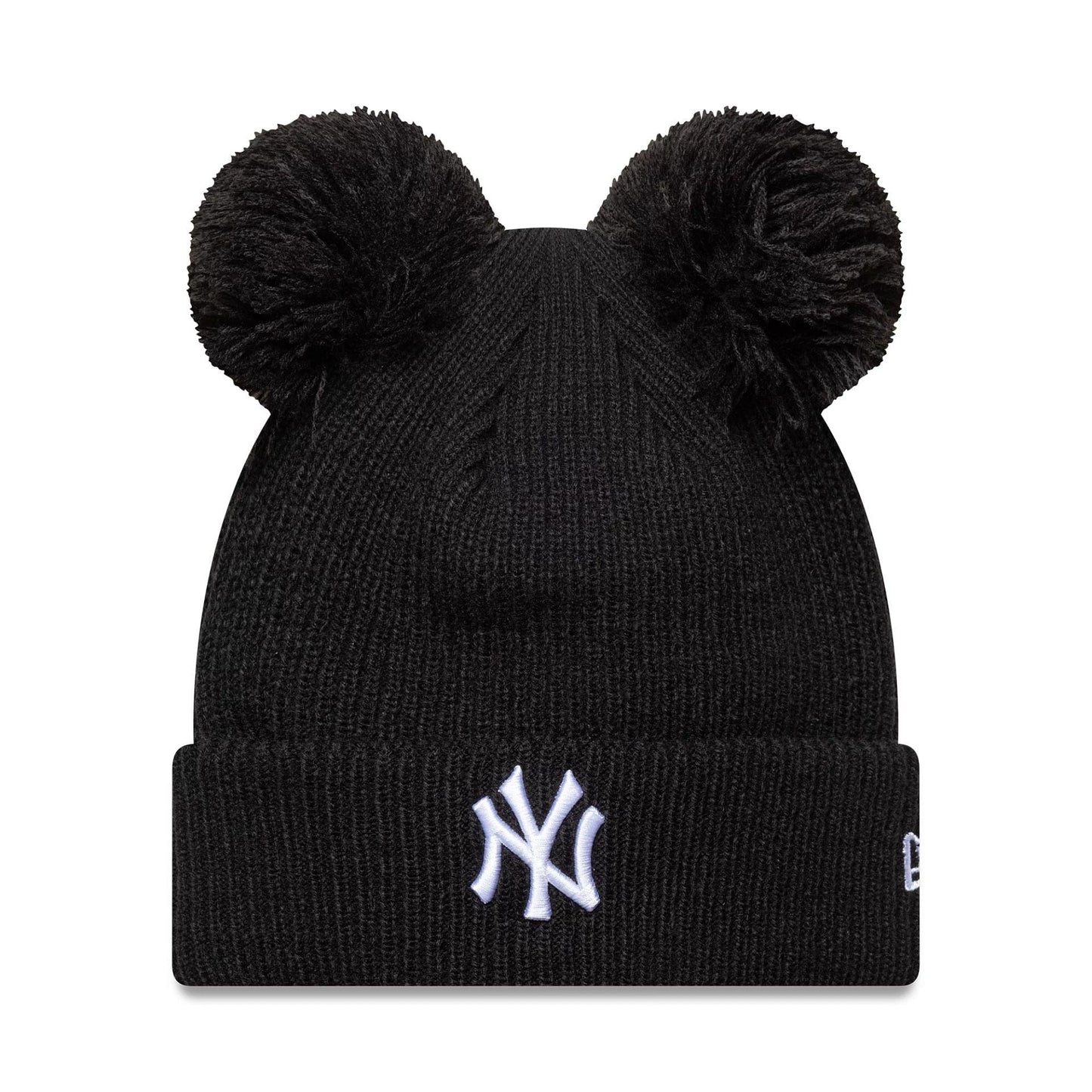 This is a New York Yankees Womens MLB Double Pom Black Cuff Knit Beanie Hat 1