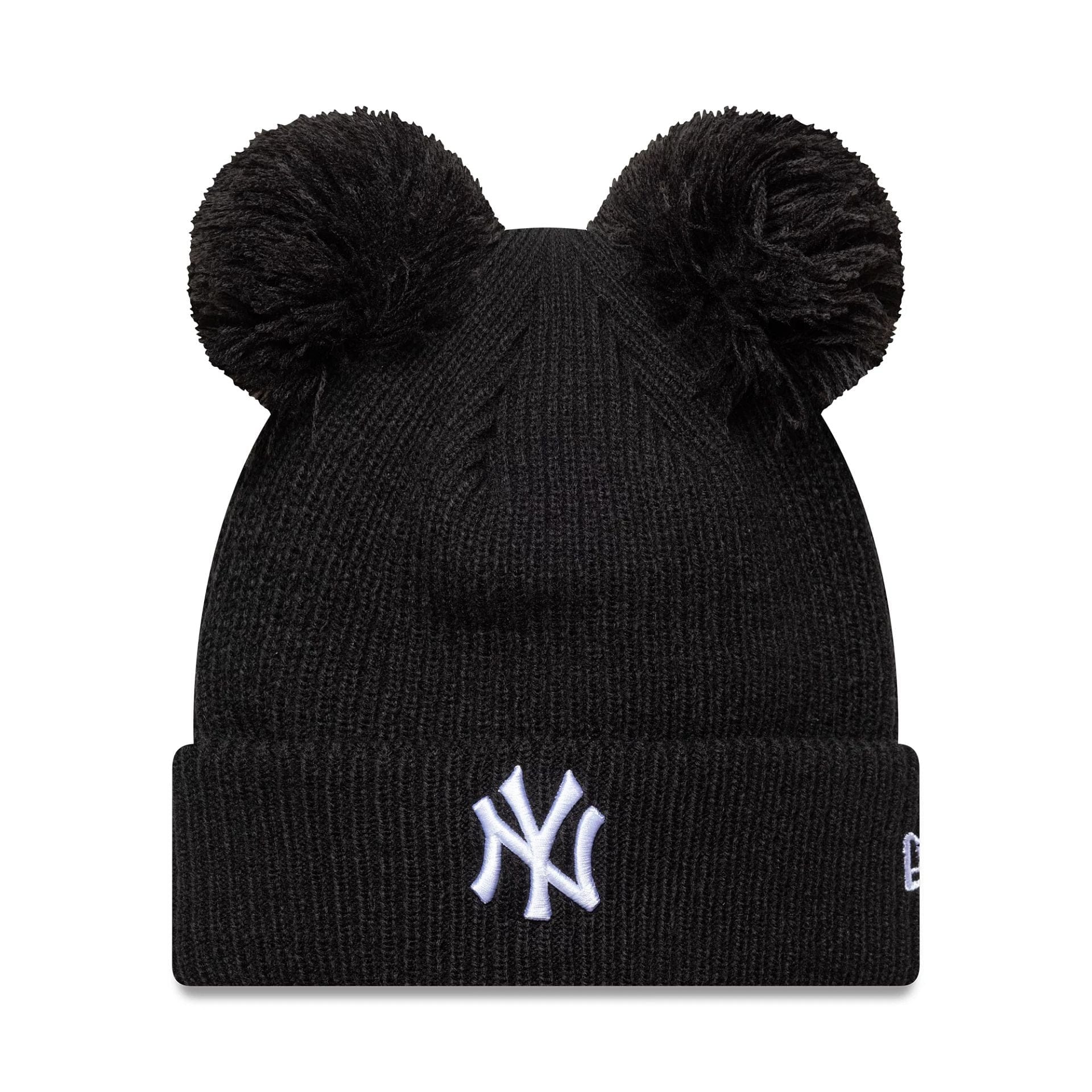This is a New York Yankees Womens MLB Double Pom Black Cuff Knit Beanie Hat 1