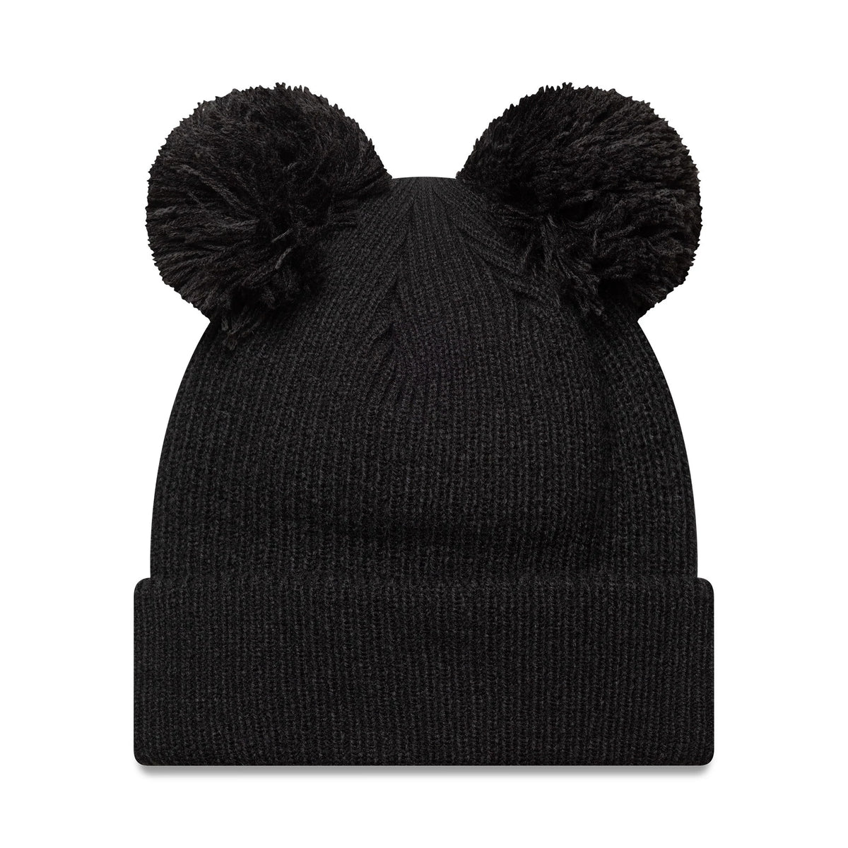 New Era New York Yankees Womens MLB Double Pom Black Cuff Knit Beanie Hat, front view showing two oversized black pom poms on top of the textured black knit crown and a wide cuffed edge.