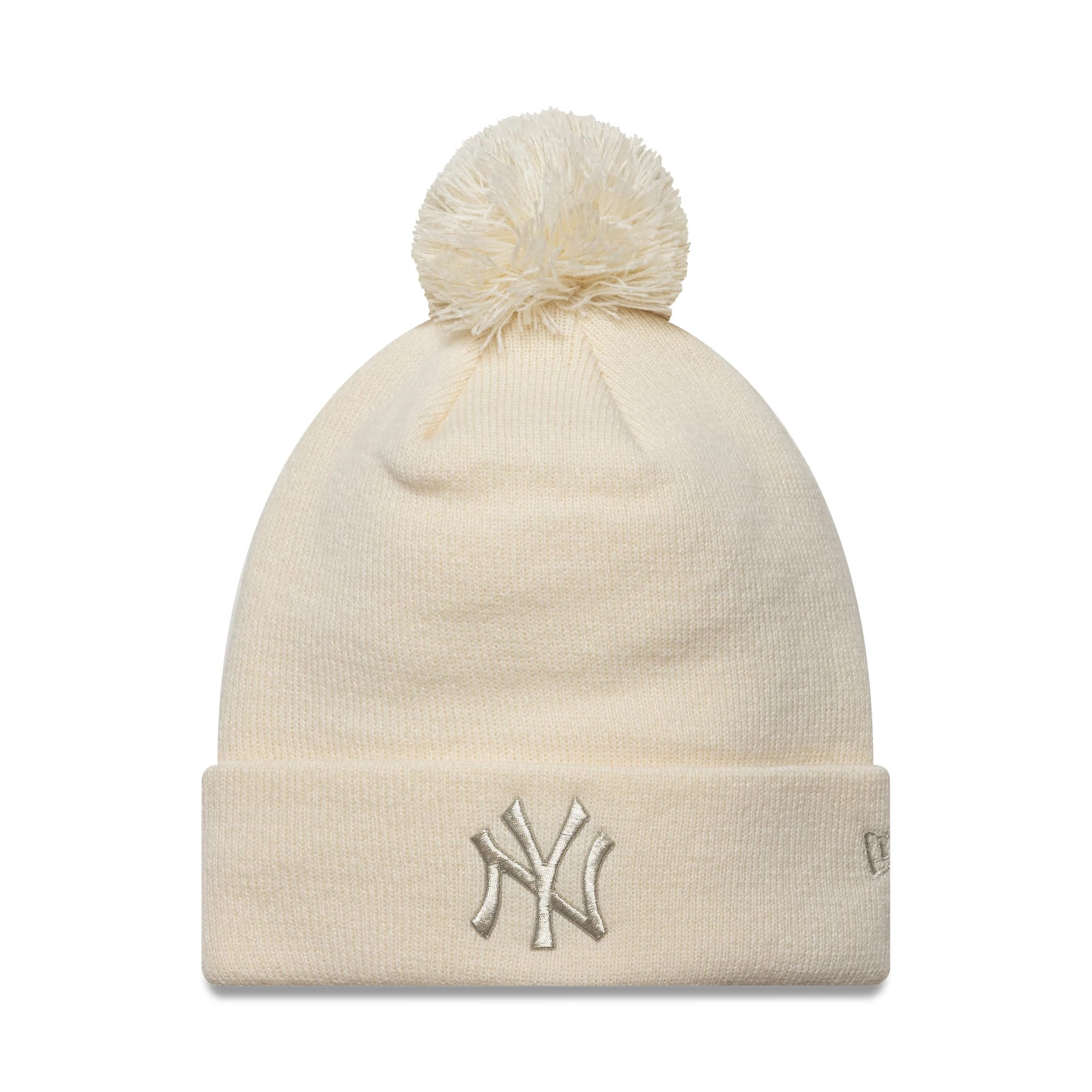 New Era New York Yankees Womens MLB Metallic Light Beige Cuff Knit Beanie Hat, front view showing the metallic embroidered NY logo on the cuff with a tonal pom-pom on top and the New Era flag logo on the left side.