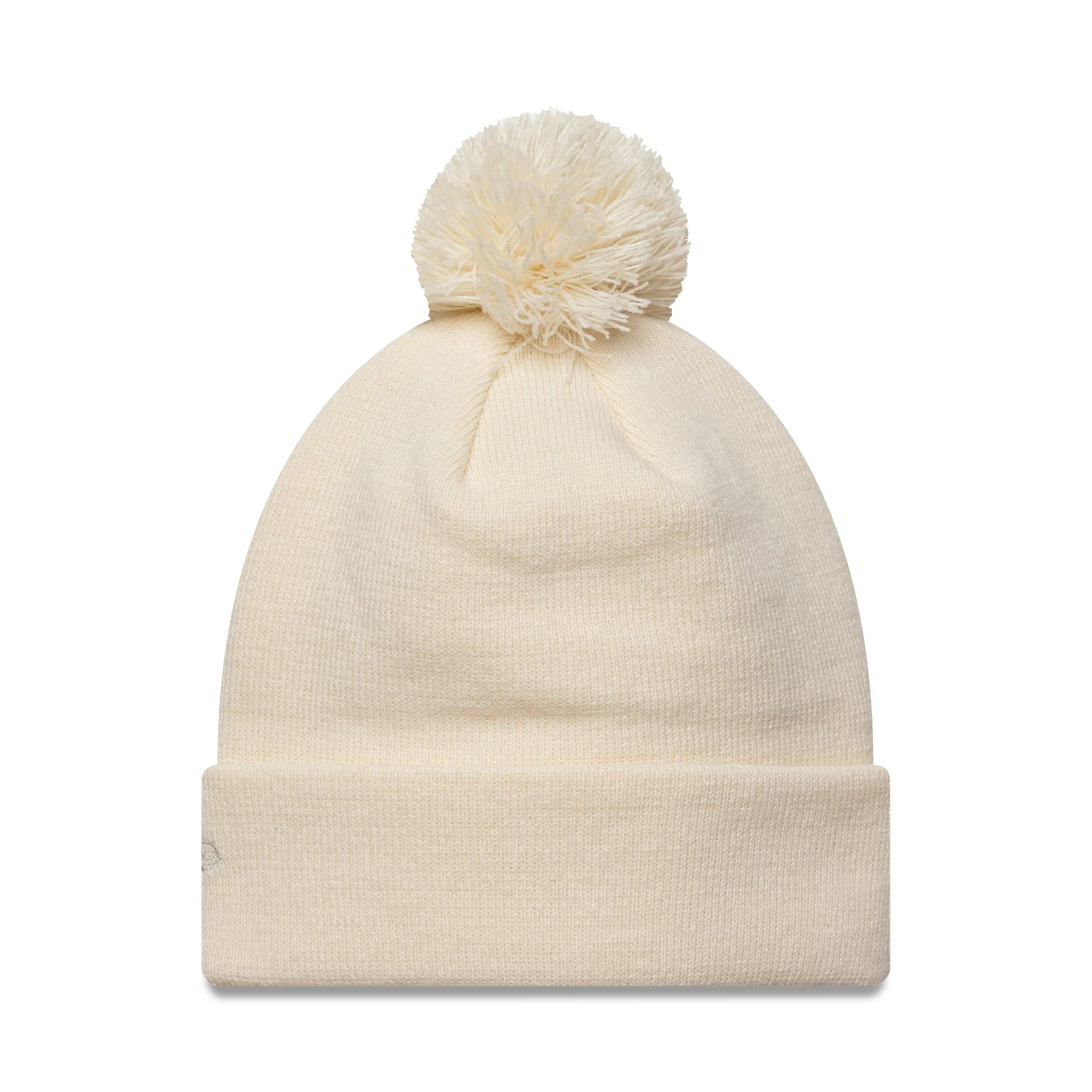 New Era New York Yankees Womens MLB Metallic Light Beige Cuff Knit Beanie Hat, front view showing a soft pom-pom on the crown and a subtle team logo on the left side of the cuff.