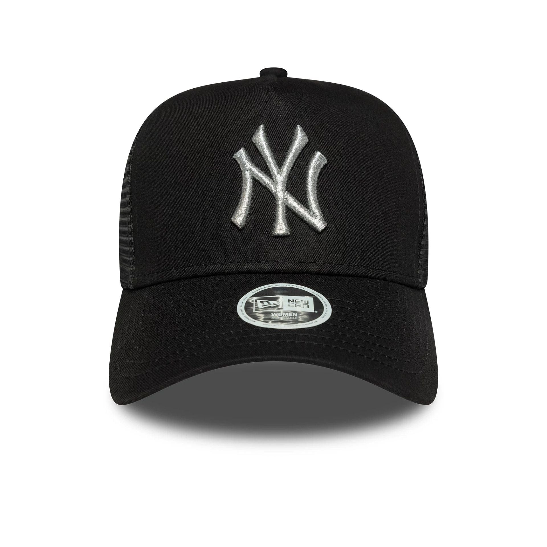 This is a New York Yankees Womens MLB Metallic Black 9FORTY A-Frame Trucker Adjustable Cap 2