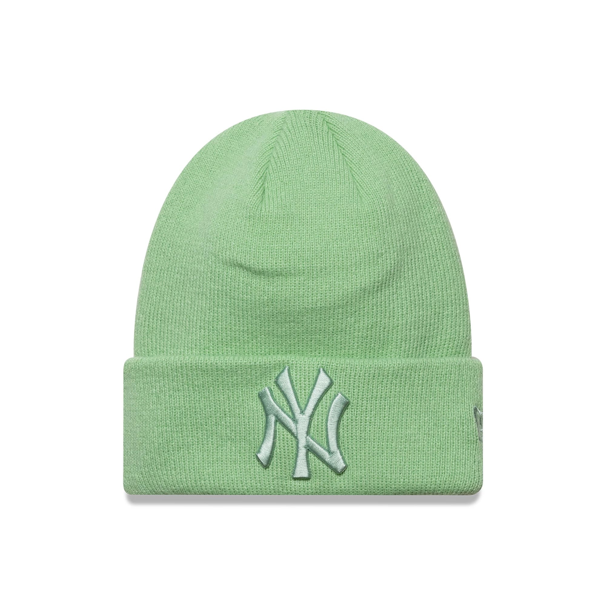 New Era New York Yankees Youth MLB League Essential Pastel Green Cuff Knit Beanie Hat, front view showing the raised pastel green embroidered NY logo on the cuff and detailed knit pattern on the crown.