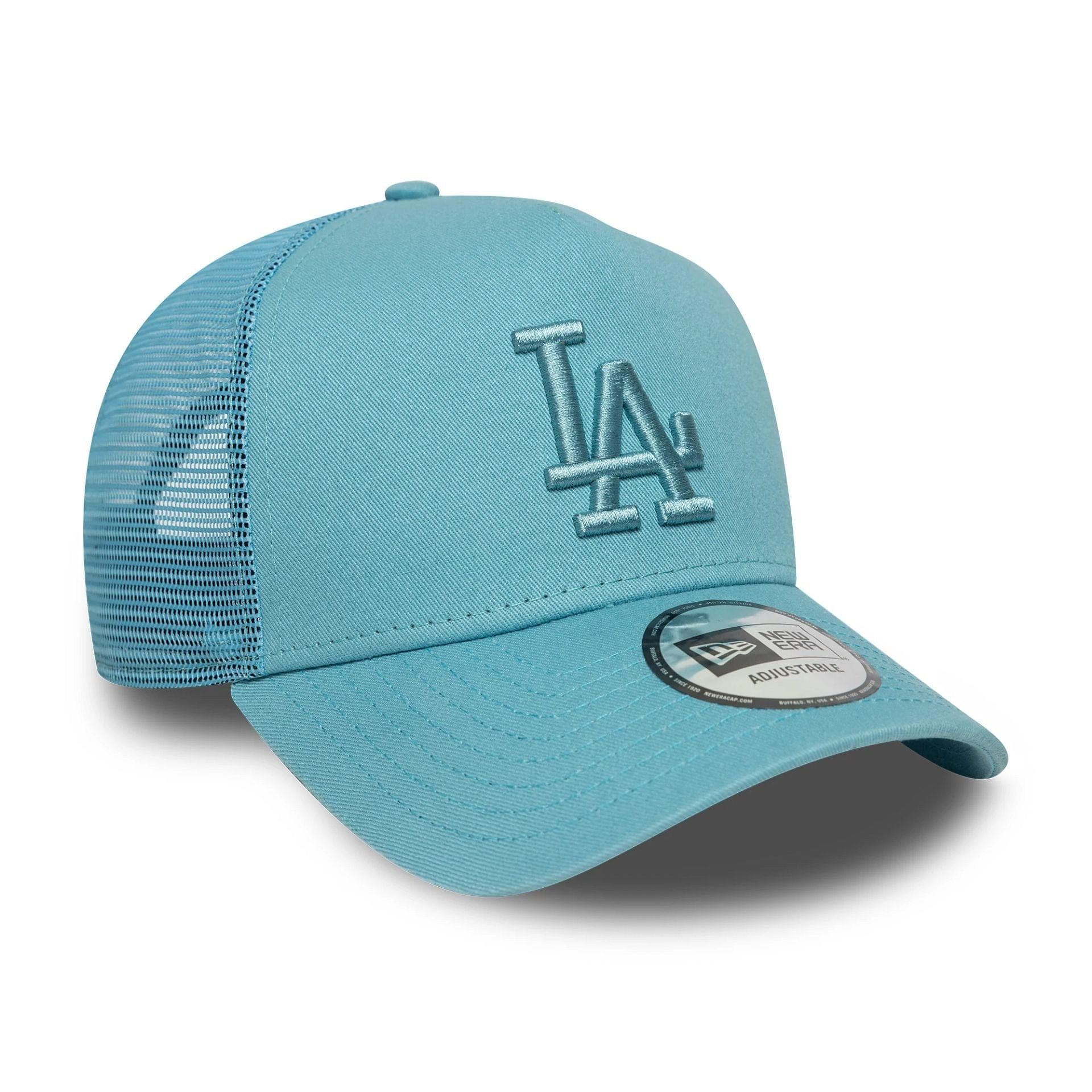 This is a LA Dodgers MLB League Essential Pastel Blue 9FORTY A-Frame Trucker Adjustable Cap 3