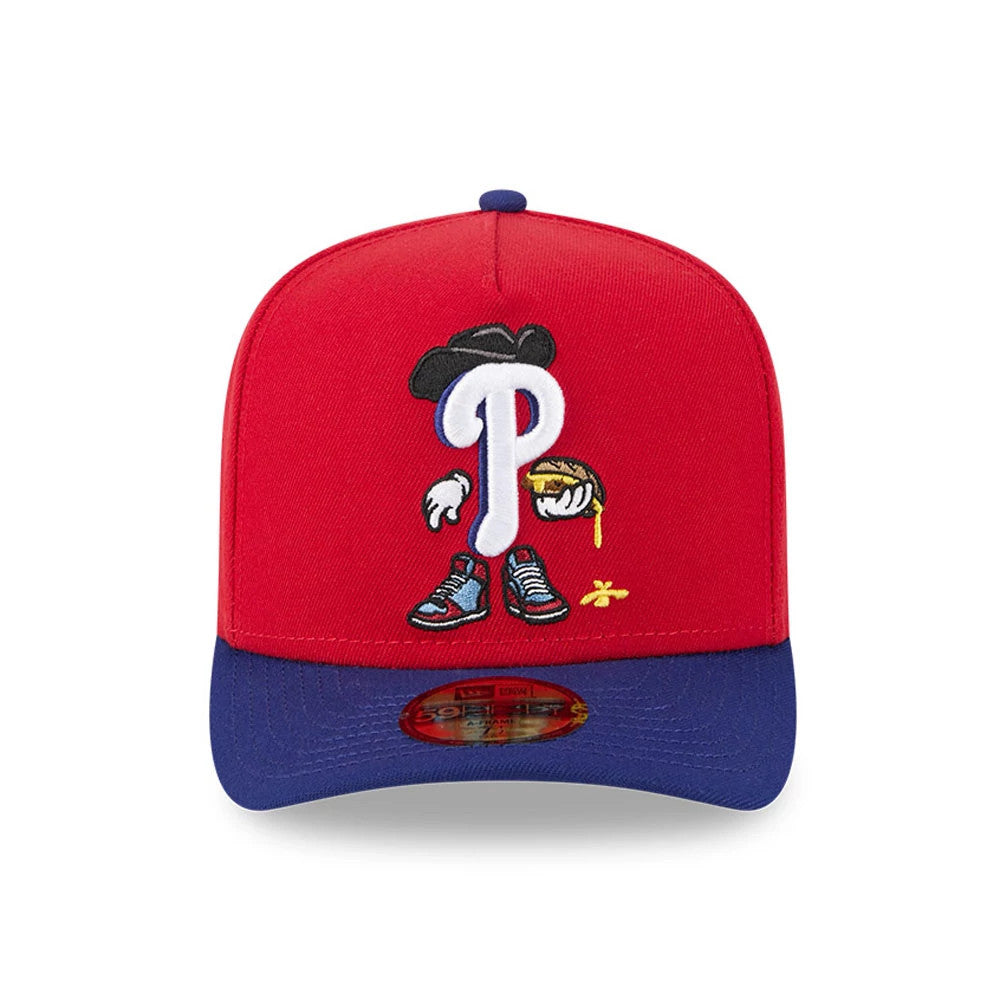 Pictured is this MLB Cartoon Philadelphia Phillies 59FIFTY A-Frame Fitted cap in red. 3