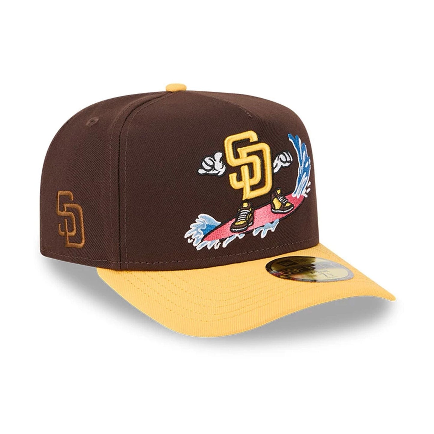 Pictured is this MLB Cartoon San Diego Padres 59FIFTY A-Frame Fitted cap in dark brown. 1