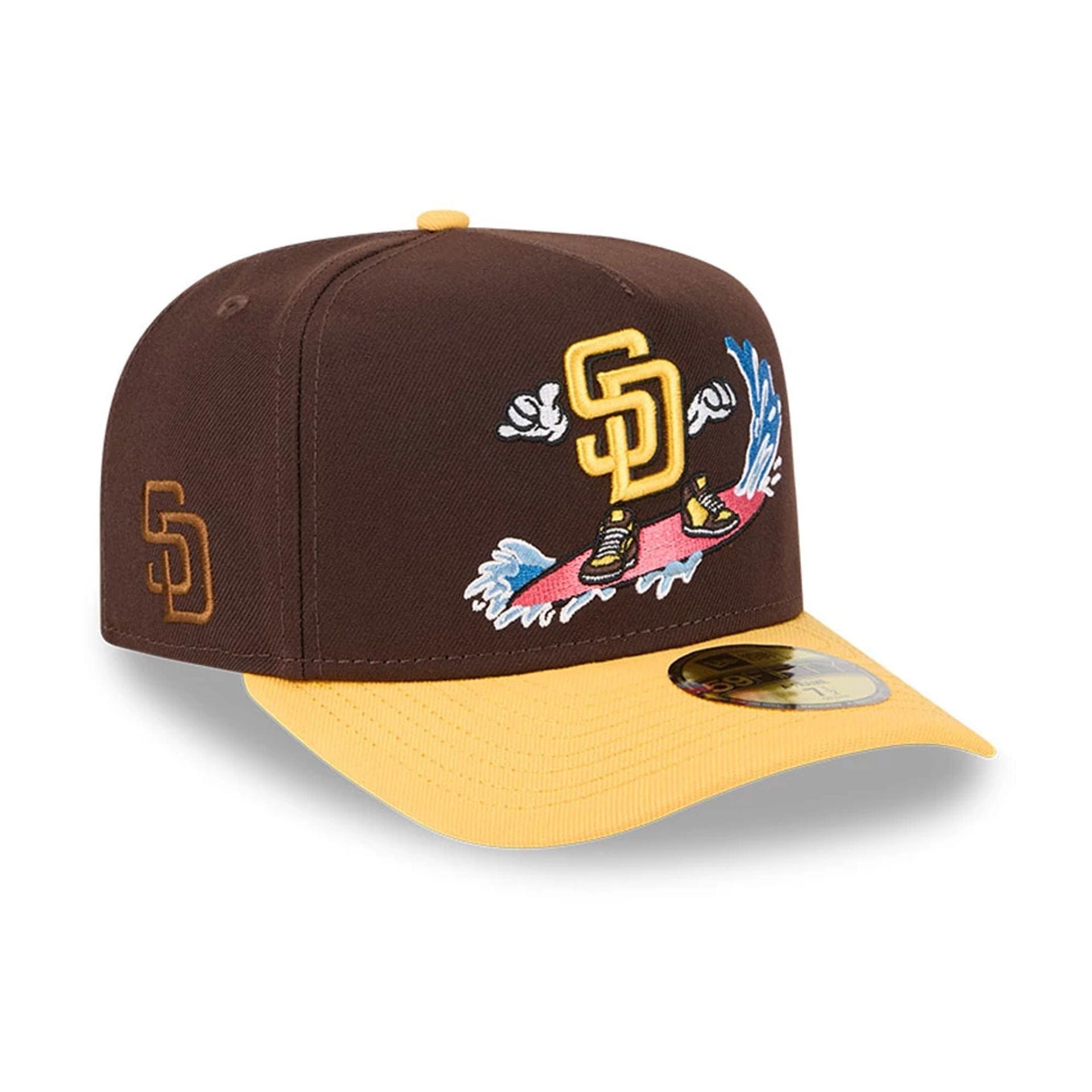 Pictured is this MLB Cartoon San Diego Padres 59FIFTY A-Frame Fitted cap in dark brown. 1