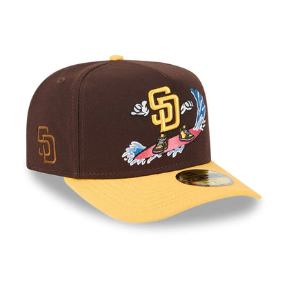 Pictured is this MLB Cartoon San Diego Padres 59FIFTY A-Frame Fitted cap in dark brown. 1