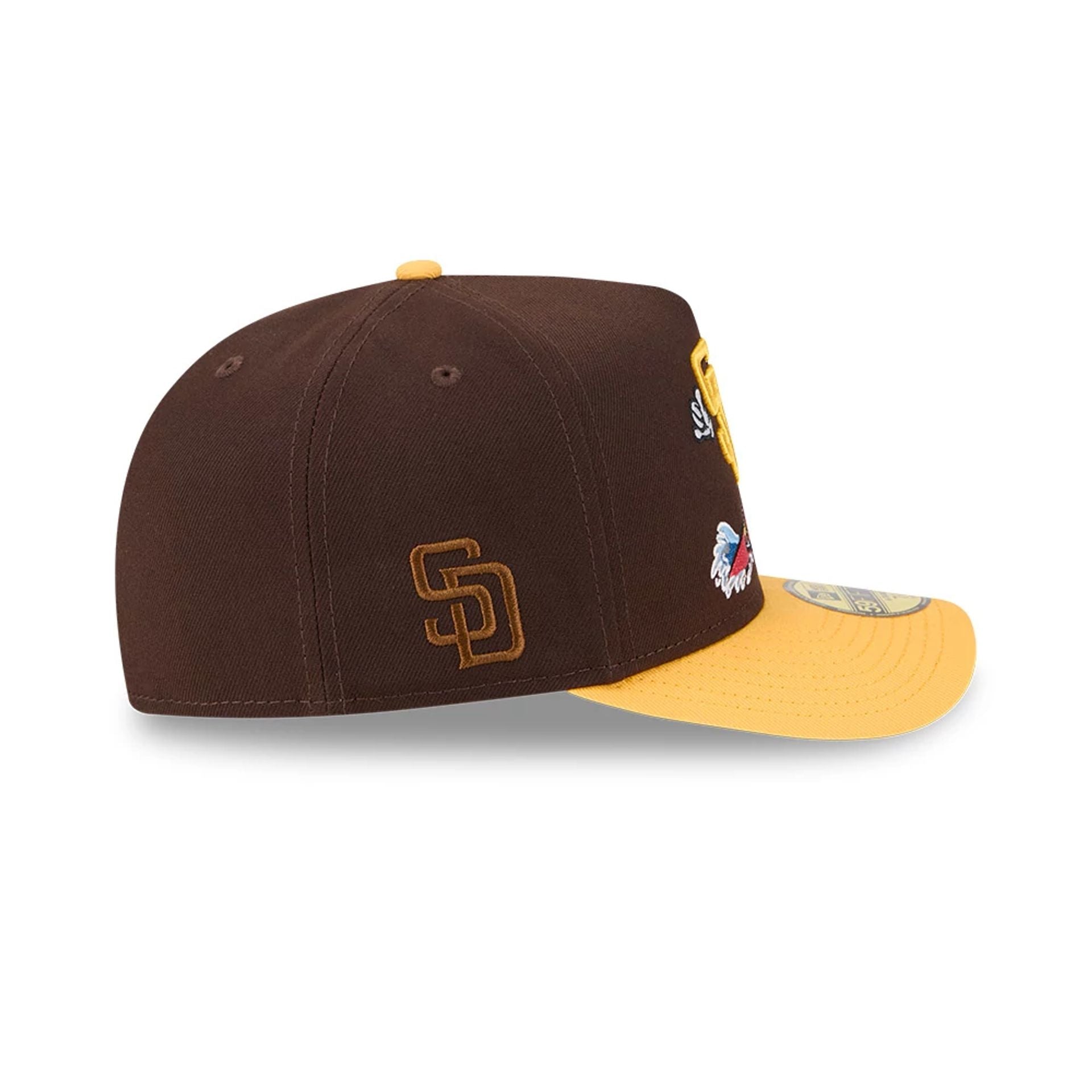 Pictured is this MLB Cartoon San Diego Padres 59FIFTY A-Frame Fitted cap in dark brown. 5